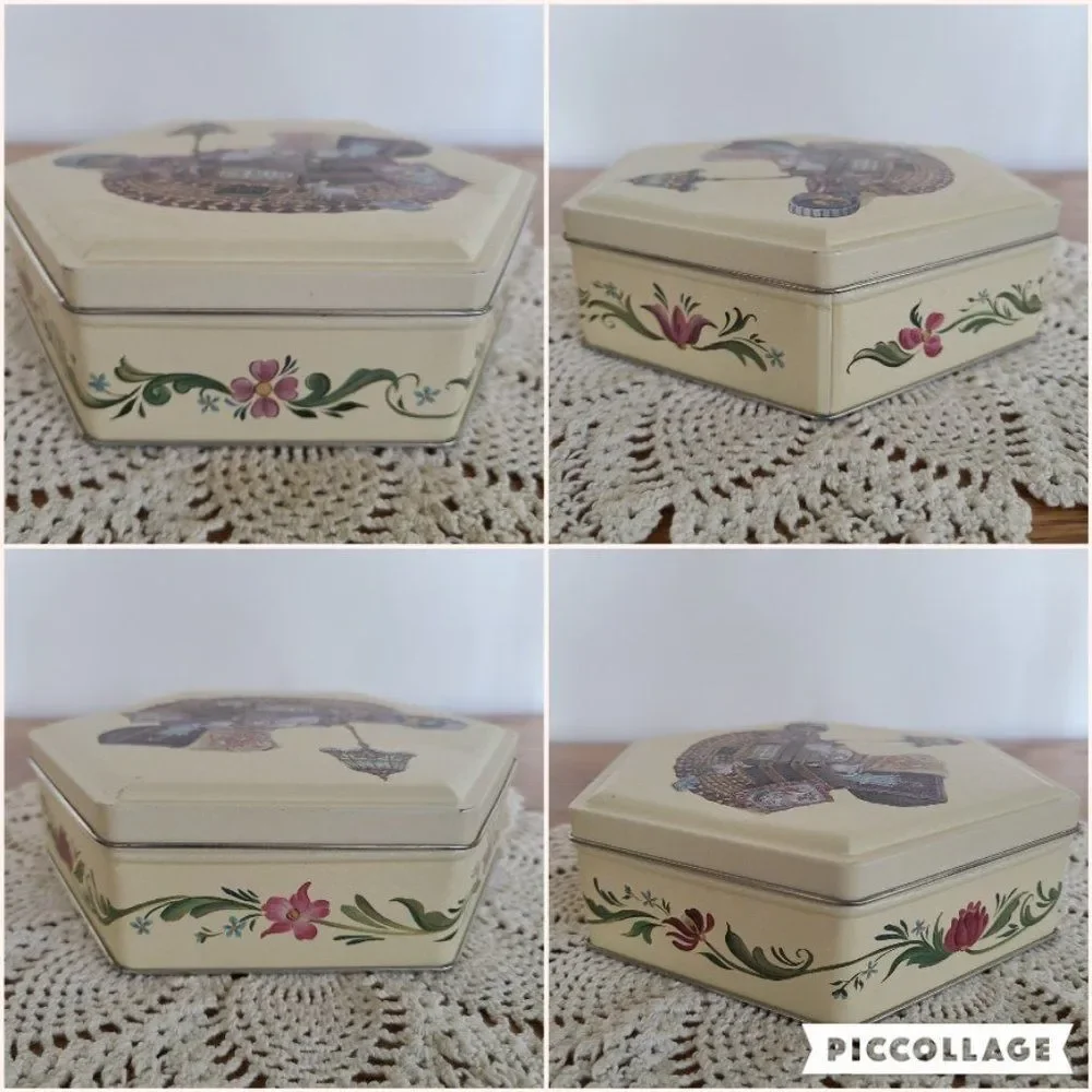 Vintage Tin God Bless Our Home Teddy Bear Cat Trunk Victorian Elements Cute!